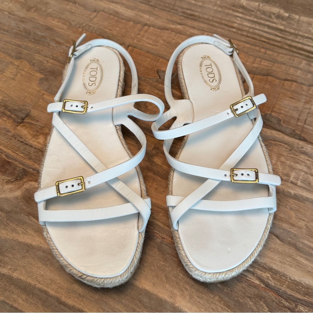 Tod's White Leather Strappy Espadrille Sandals